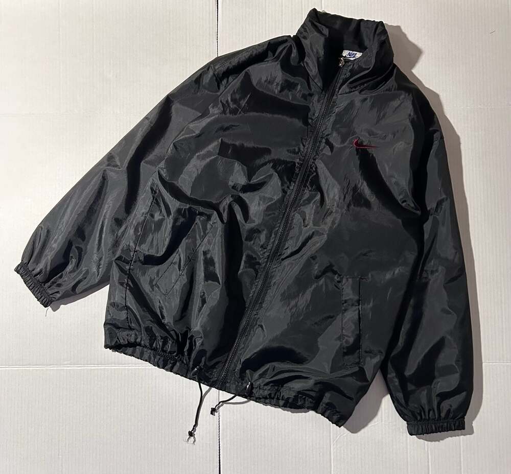 Vintage 80s Nike Black Lightweight Windbreaker Track Jacket with Red Swoosh and